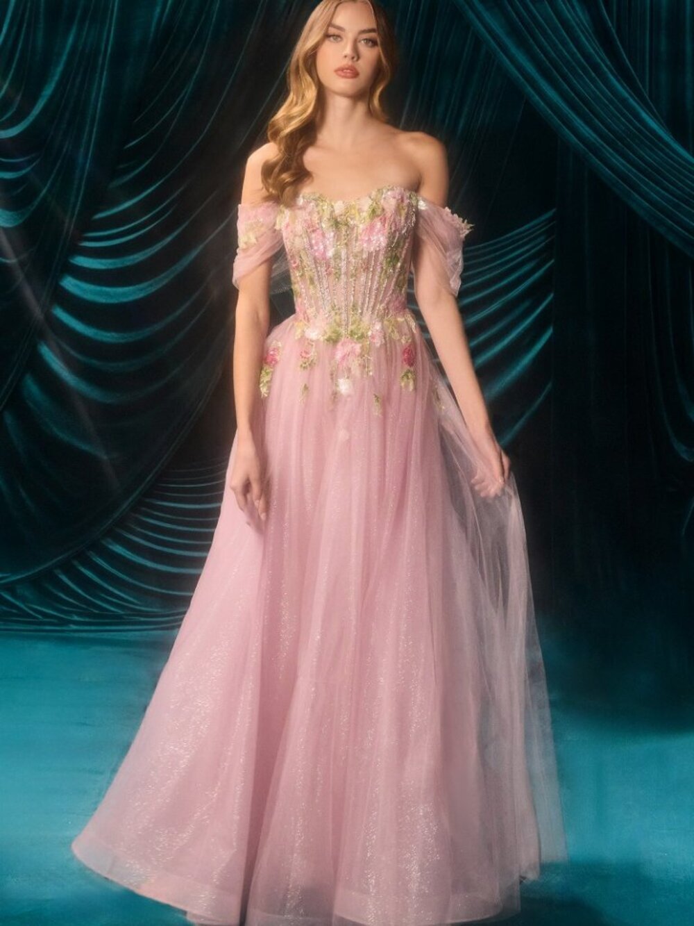 New Off Shoulder Evening Tulle Gown w/ Floral Applique & Layered Skirt CD A1479